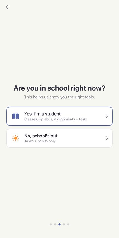 Choosing between student mode with classes and syllabus, or tasks and habits only
