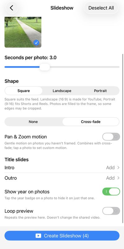 Slideshow options for cross-fade, pan and zoom, title slides, and year badges