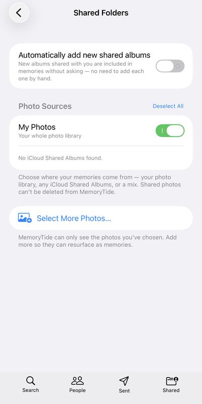 Choosing photo sources, including My Photos and iCloud Shared Albums