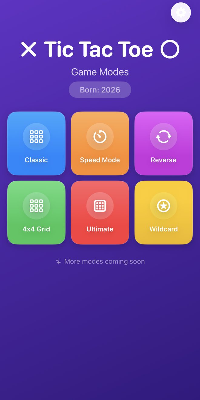 Tic Tac Toe game mode menu with Classic, Speed Mode, Reverse, 4x4 Grid, Ultimate and Wildcard